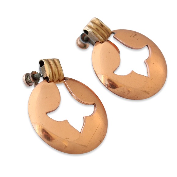 Vintage Copper Brass Trefoil Screw Back Earrings Fleur-De-Lis Mid-Century Modern - Picture 2 of 4